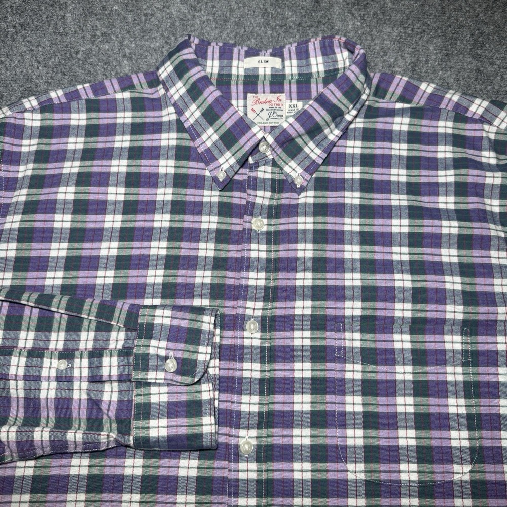 J Crew Broken In Oxford Button Down Shirt 2XL Slim Fit Purple Green Check Plaid